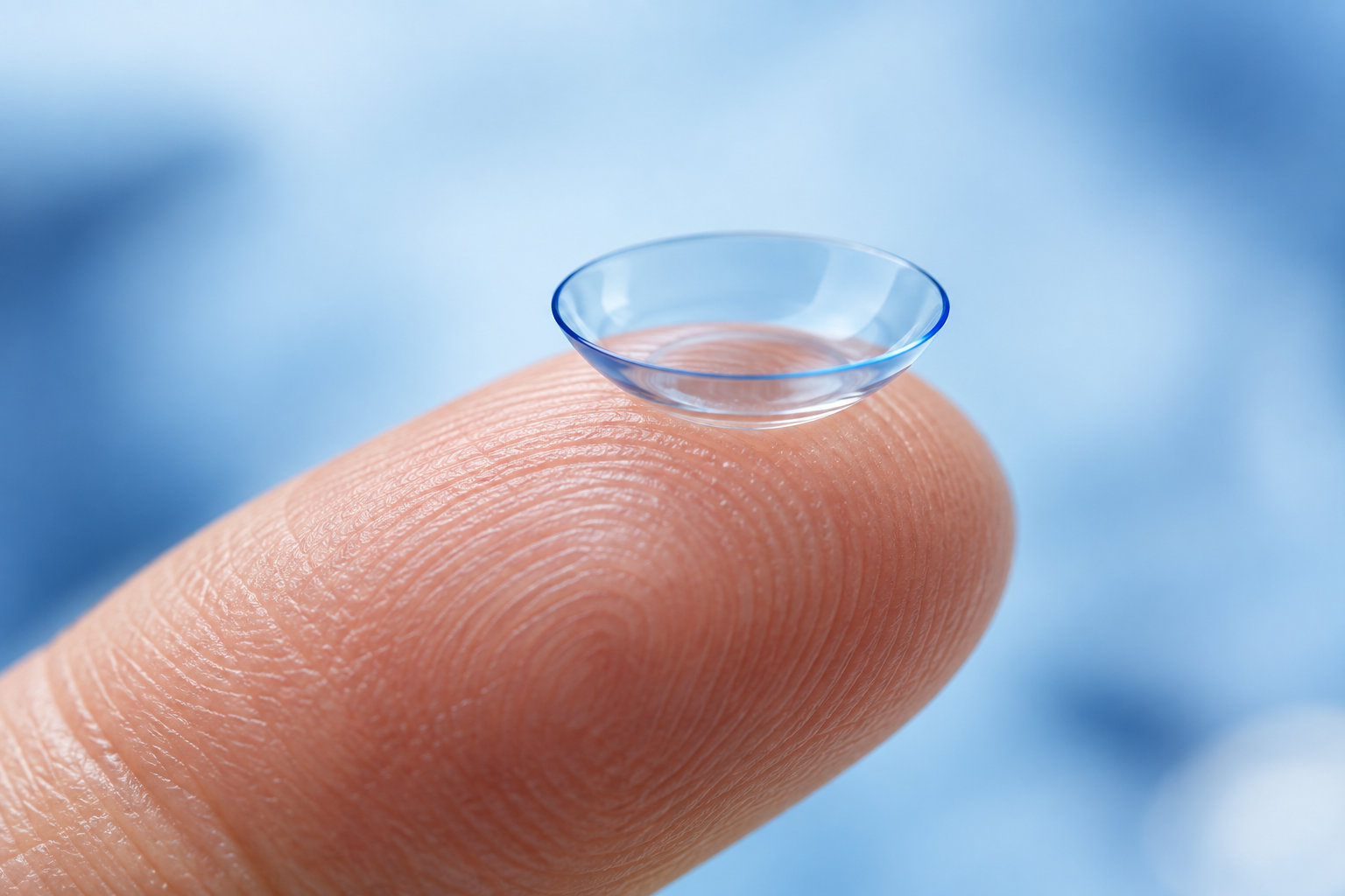 An Ortho-K lens resting on a fingertip