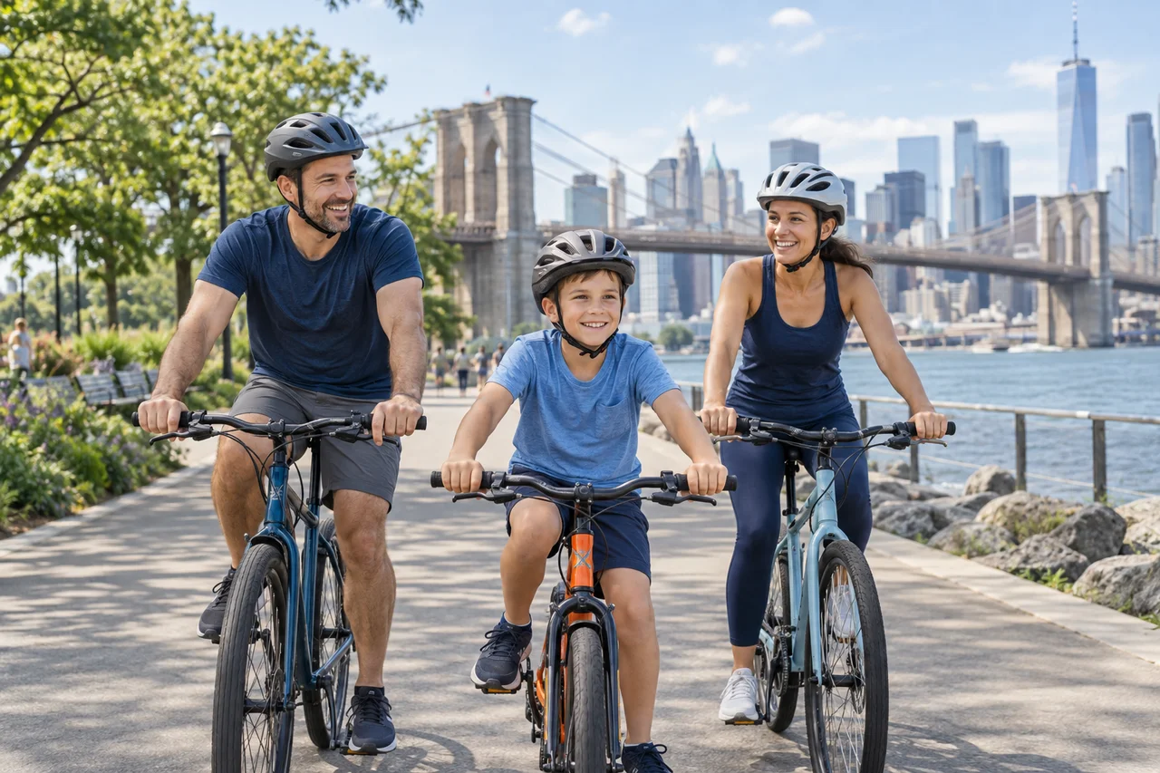Family enjoying an active day cycling together outdoors