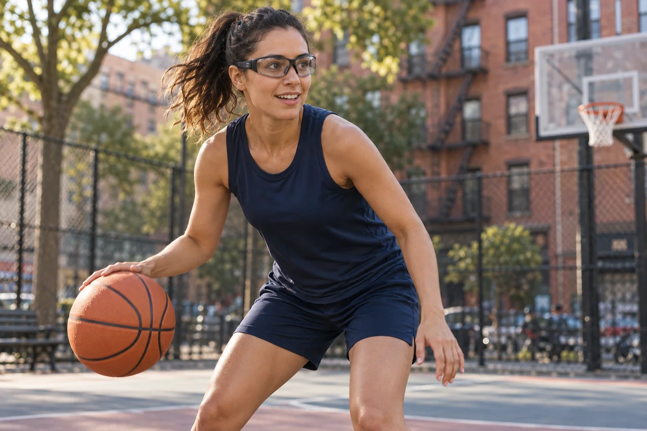 Illustrative adult basketball player wearing protective sports goggles on an outdoor court