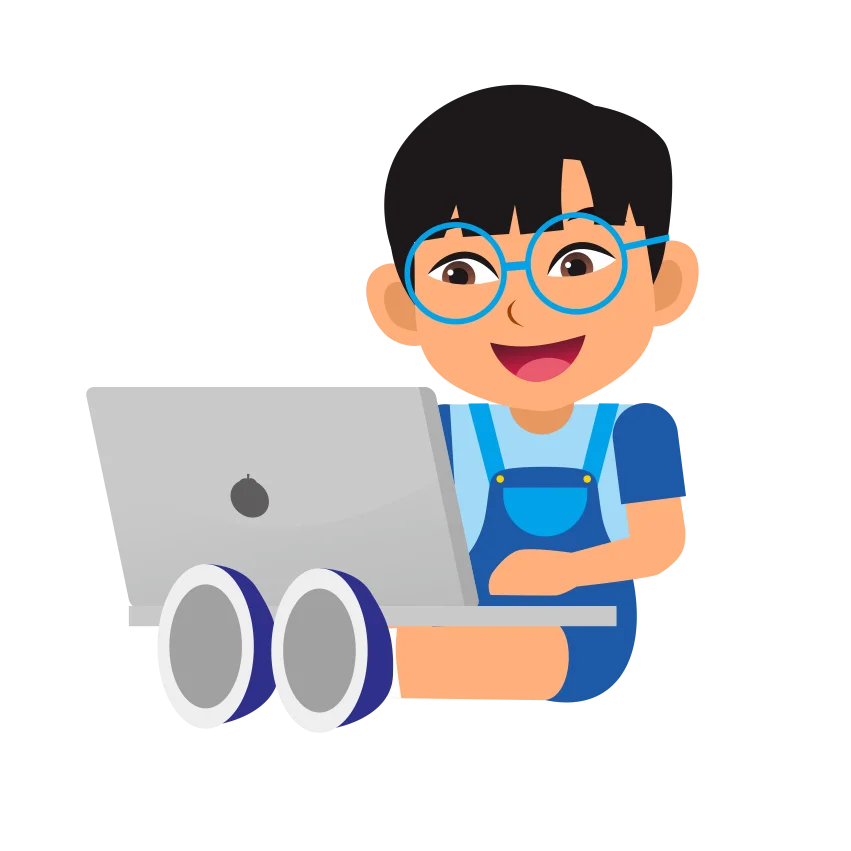 Cartoon child wearing glasses while using a laptop