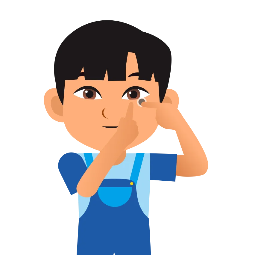 Cartoon child inserting a contact lens