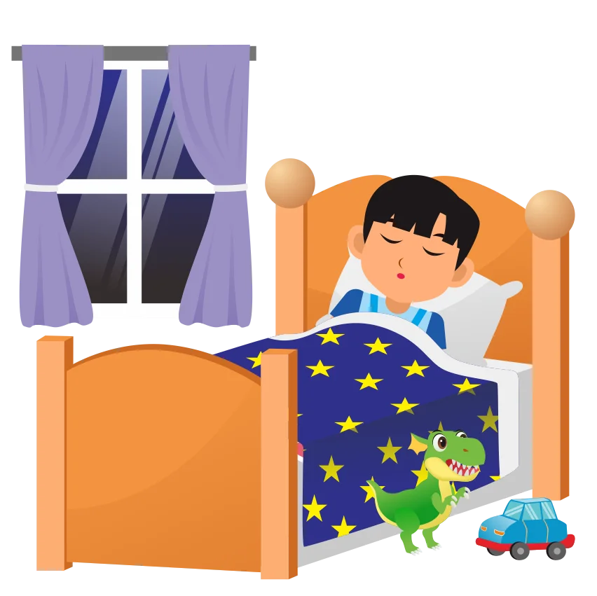 Cartoon child sleeping in bed at night