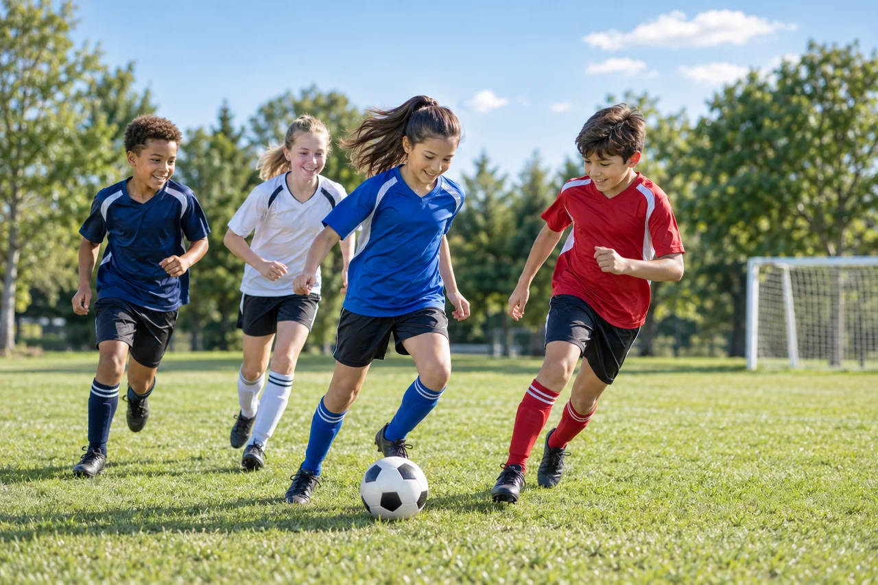 Diverse children ages 8–14 enjoying a soccer game on a sunny field